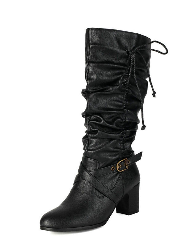 Vintage Solide Schnalle Gerüscht Klobige Absätze Stiefel