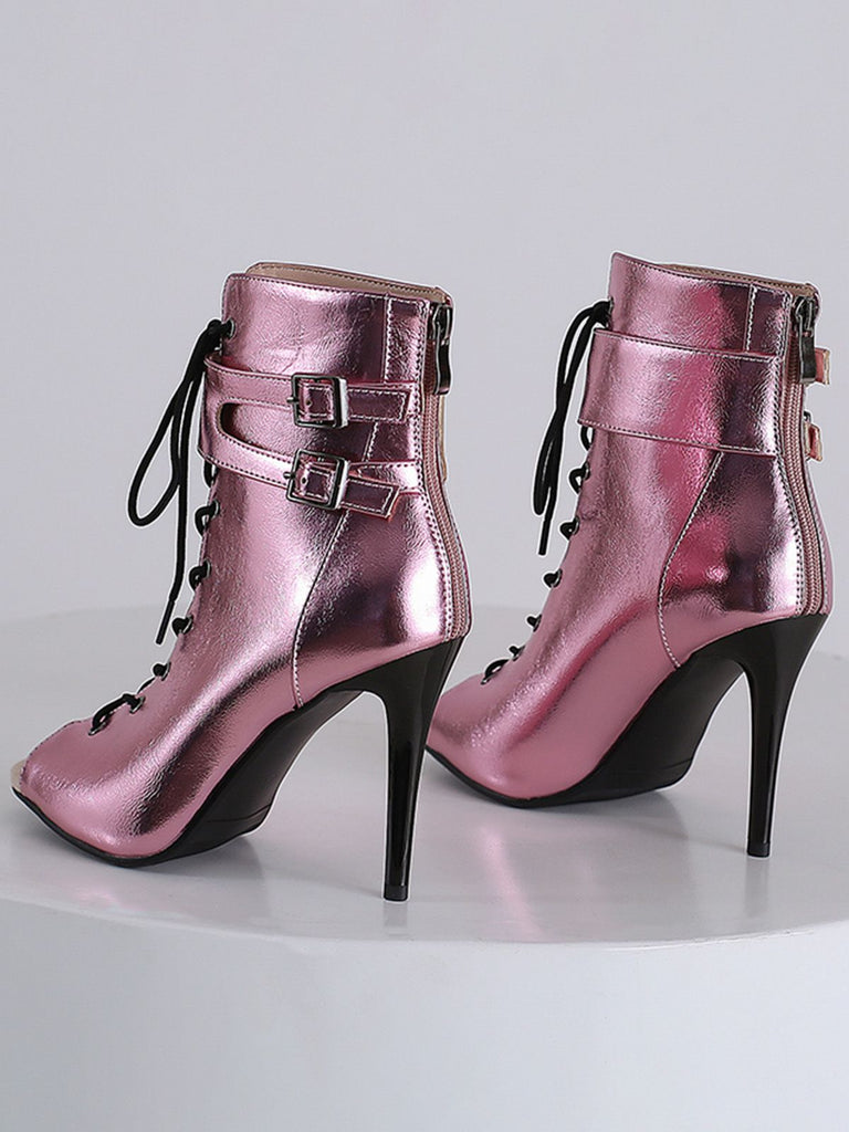 Metallisch Offene Spitze Stiletto Kordelzug Halbhohe Stiefel