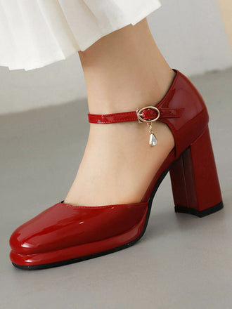 Echtes Rot Vintage Lackleder Knöchelriemen Block Absatz Pumps
