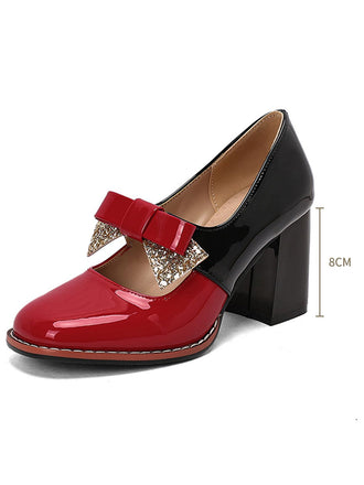 Mary Jane Farbblock Funkeln Bowknot Klobige Absätze