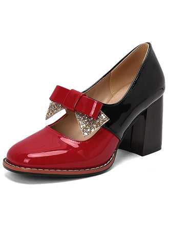 Mary Jane Farbblock Funkeln Bowknot Klobige Absätze