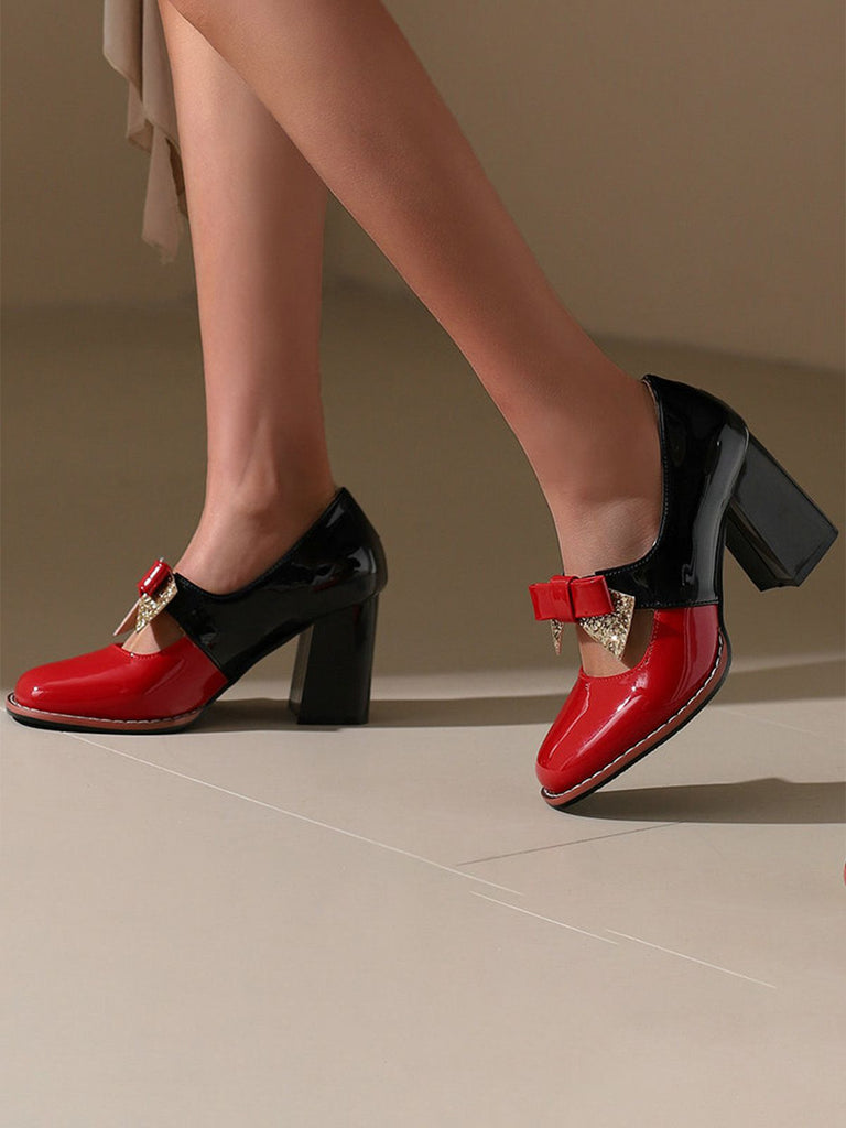 Mary Jane Farbblock Funkeln Bowknot Klobige Absätze