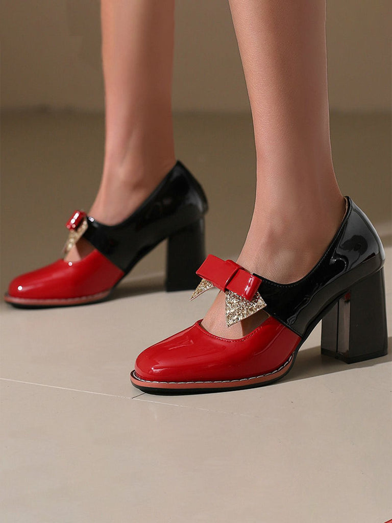 Mary Jane Farbblock Funkeln Bowknot Klobige Absätze