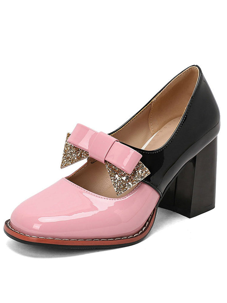 Mary Jane Farbblock Funkeln Bowknot Klobige Absätze