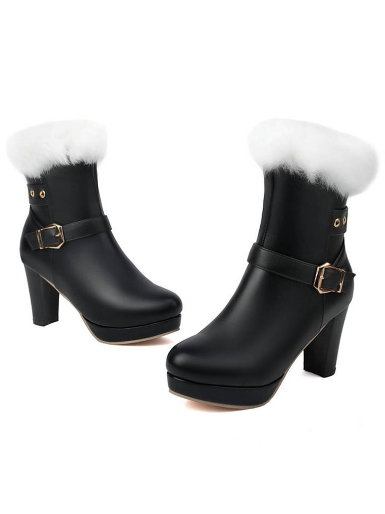 Vintage Kunstpelz Schnalle High Heel Stiefel