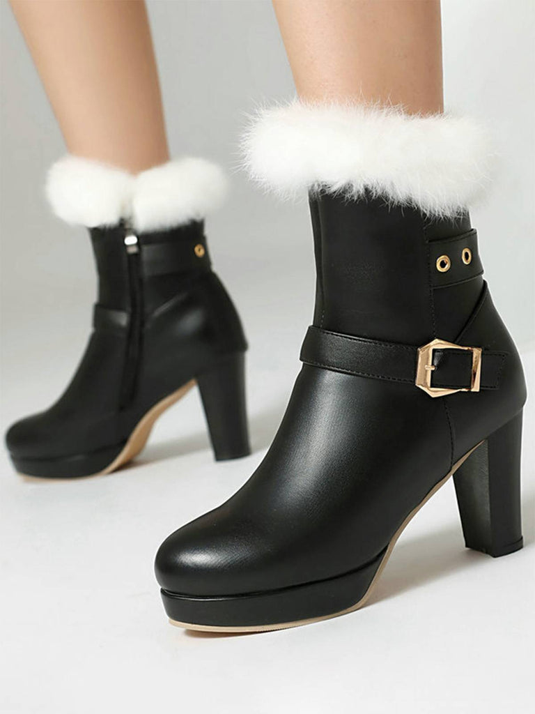 Vintage Kunstpelz Schnalle High Heel Stiefel