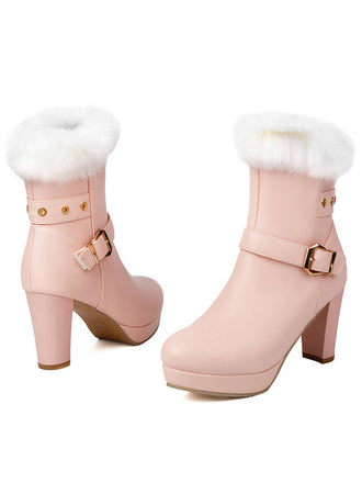 Vintage Kunstpelz Schnalle High Heel Stiefel