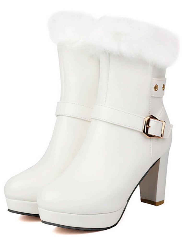 Vintage Kunstpelz Schnalle High Heel Stiefel