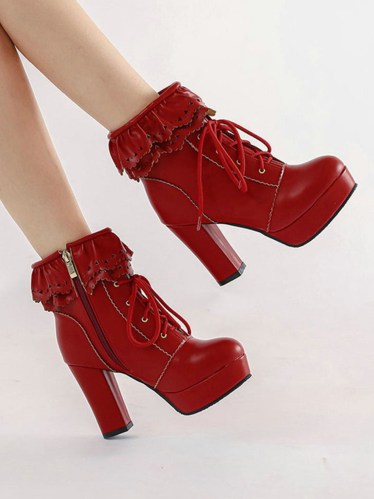 Vintage Rüschen Schnürung Klobig Hoher Absatz Stiefel