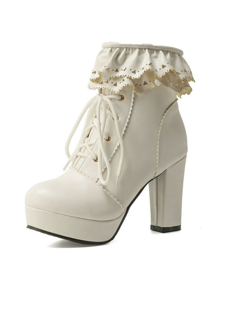 Vintage Rüschen Schnürung Klobig Hoher Absatz Stiefel