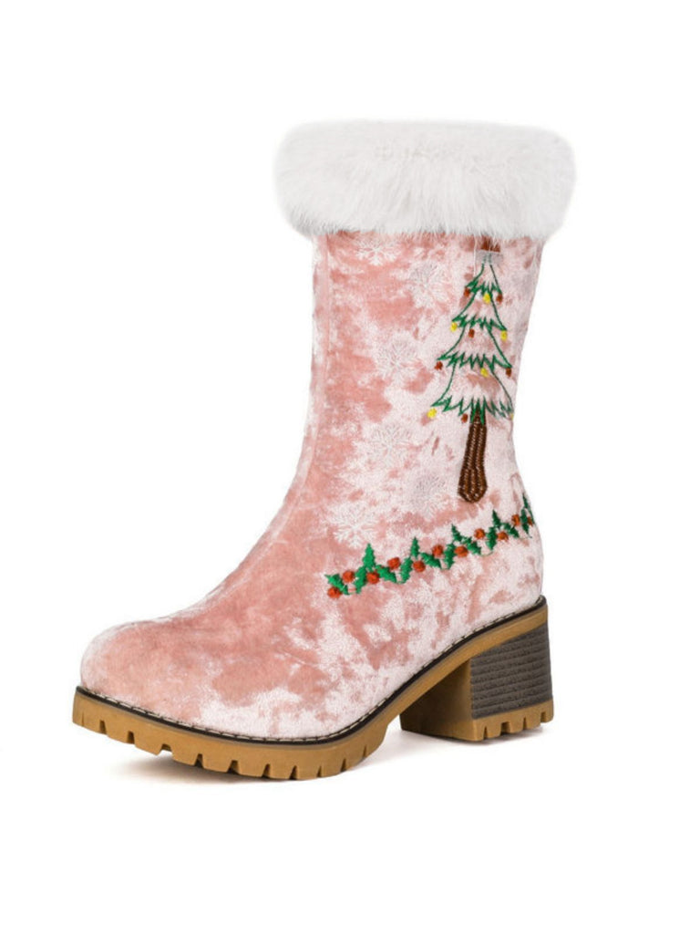 Schwarz Weihnachtsbaum Schneeflocke Plüsch Klobig Ferse Stiefel