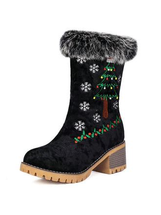 Schwarz Weihnachtsbaum Schneeflocke Plüsch Klobig Ferse Stiefel