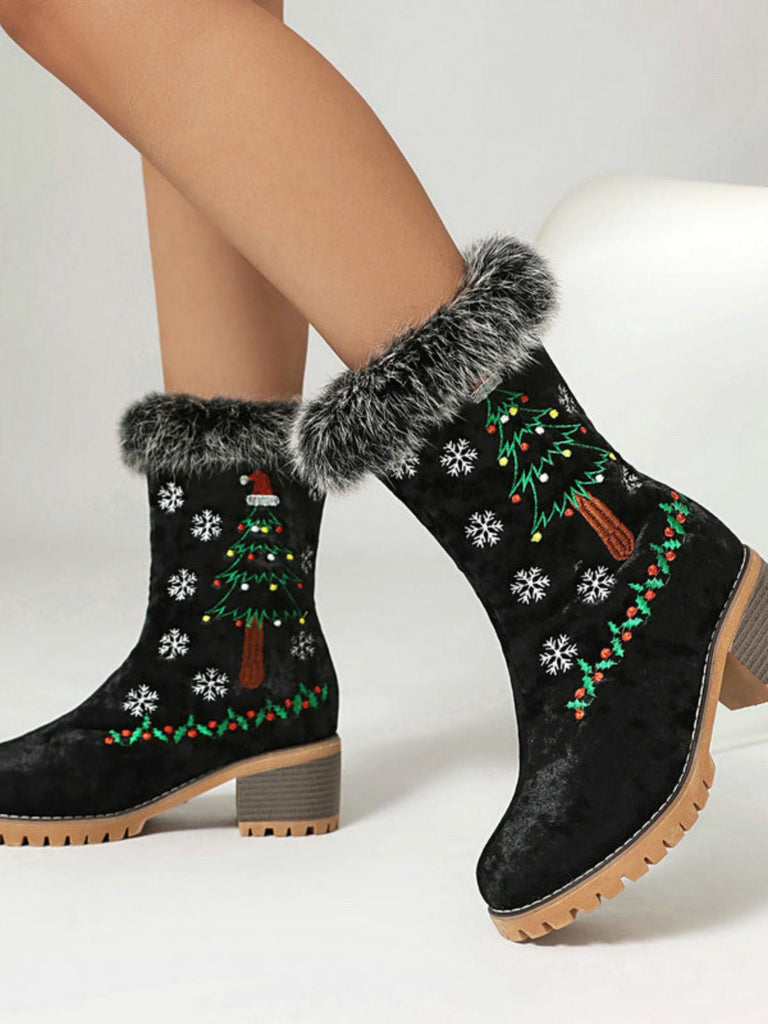 Schwarz Weihnachtsbaum Schneeflocke Plüsch Klobig Ferse Stiefel