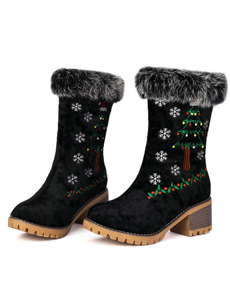 Schwarz Weihnachtsbaum Schneeflocke Plüsch Klobig Ferse Stiefel