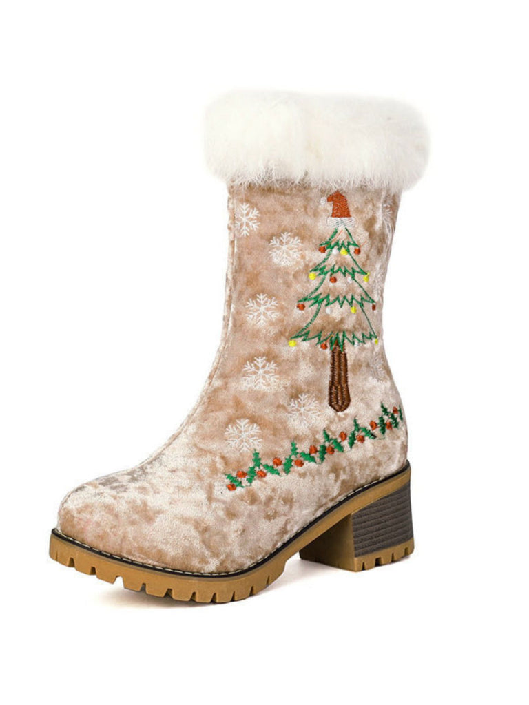 Schwarz Weihnachtsbaum Schneeflocke Plüsch Klobig Ferse Stiefel
