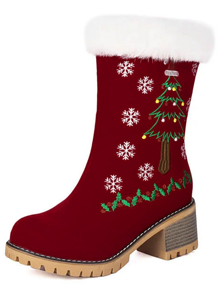 Schwarz Weihnachtsbaum Schneeflocke Plüsch Klobig Ferse Stiefel