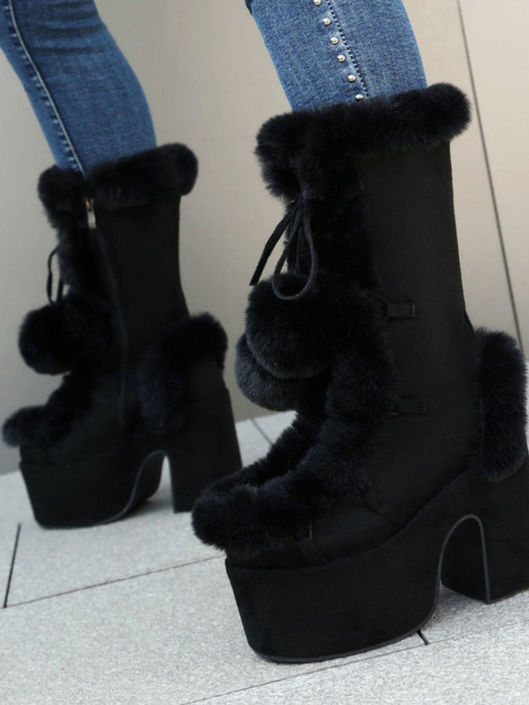 Vintage Kunstpelz Runden Zehe Hoher Absatz Stiefel