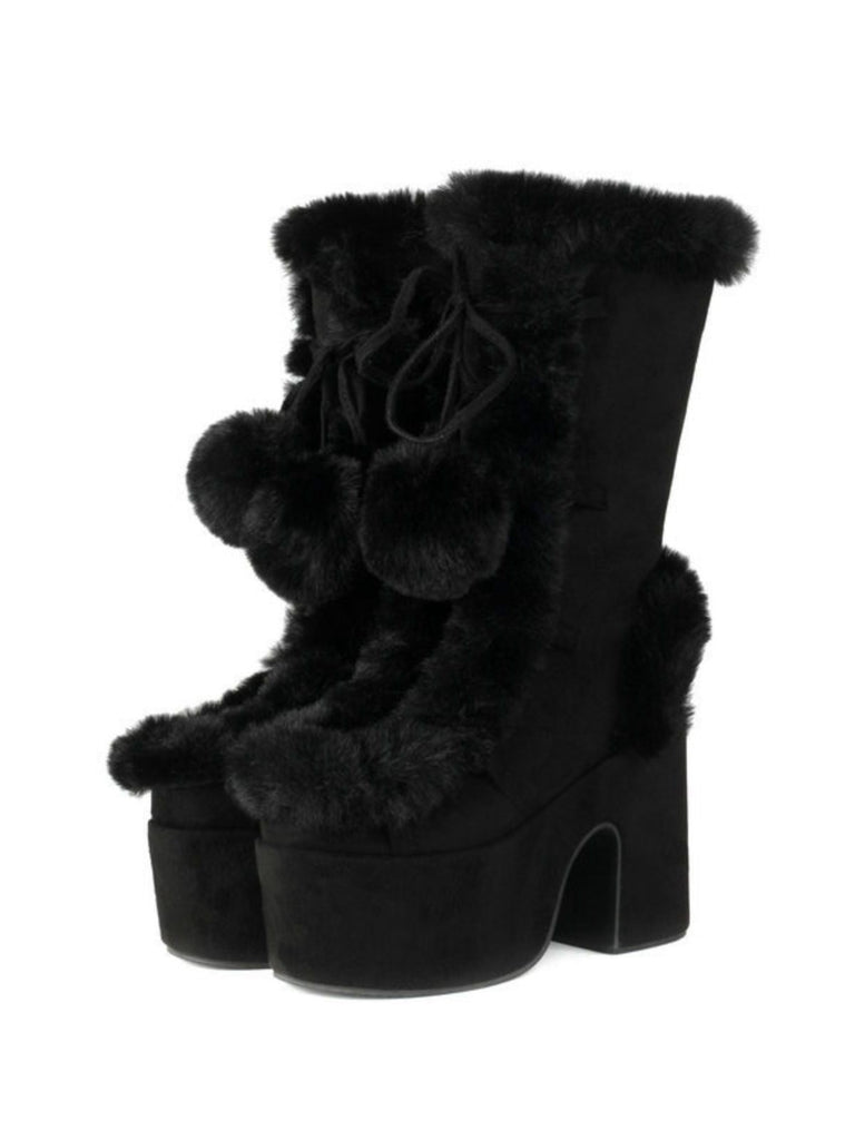 Vintage Kunstpelz Runden Zehe Hoher Absatz Stiefel