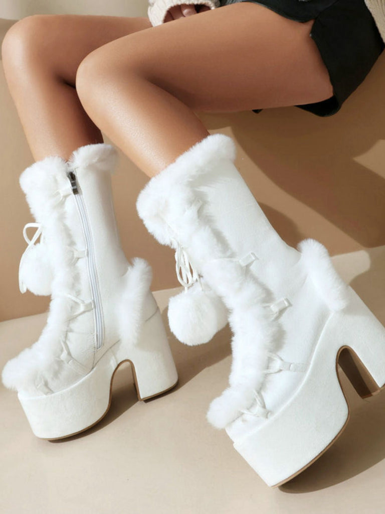 Vintage Kunstpelz Runden Zehe Hoher Absatz Stiefel