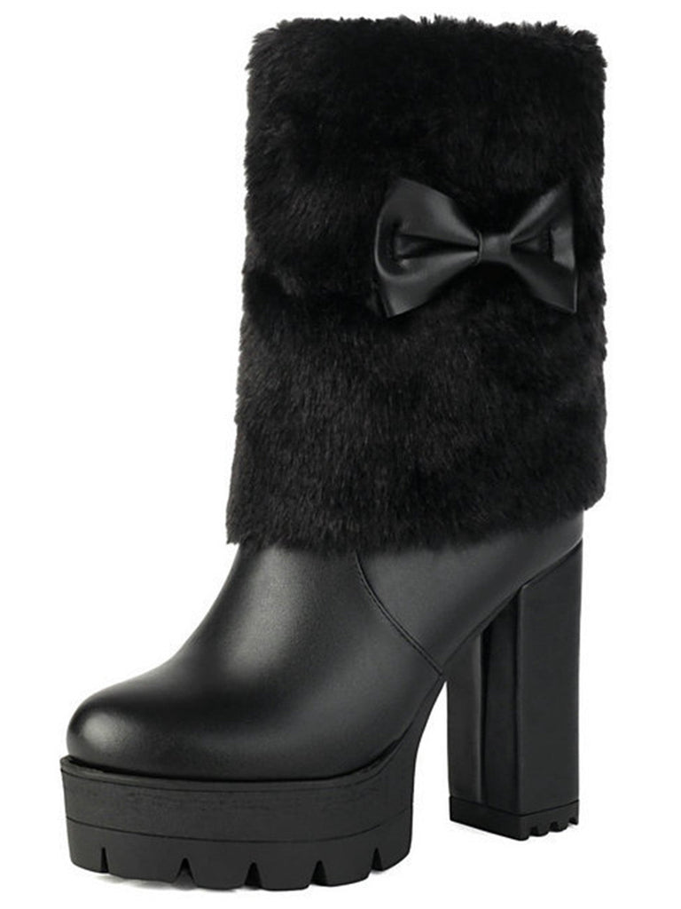 Vintage Bogen Plüsch Klobiger Absatz Stiefel