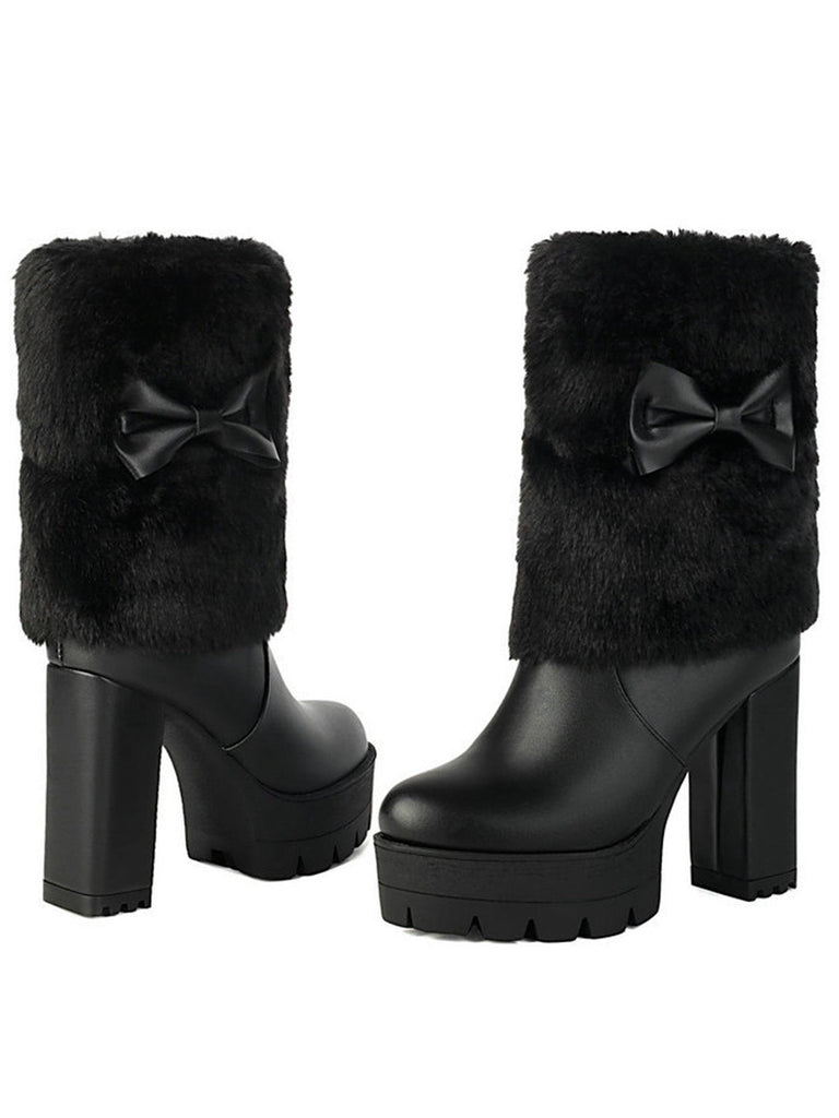 Vintage Bogen Plüsch Klobiger Absatz Stiefel