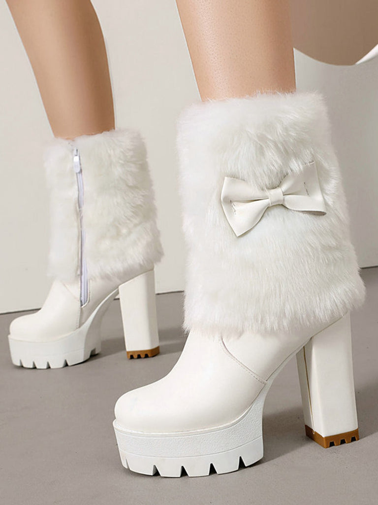 Vintage Bogen Plüsch Klobiger Absatz Stiefel