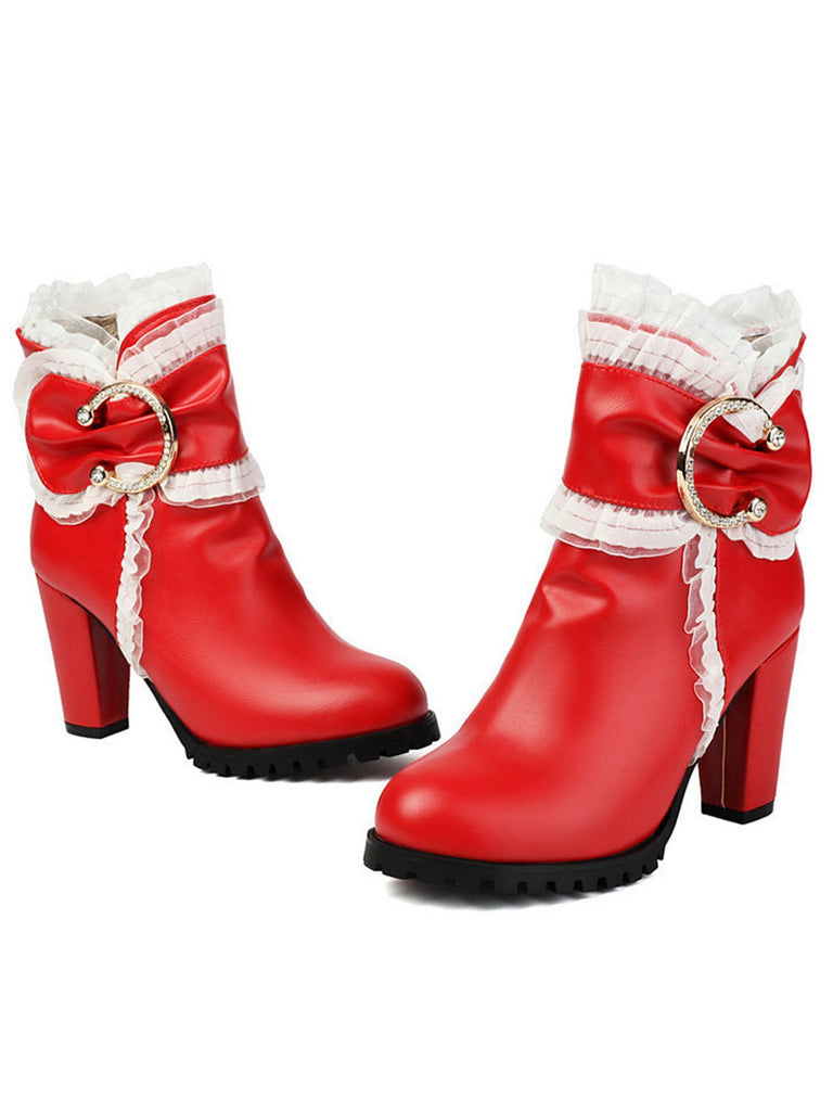 PU Leder Spitze-Getrimmt Chunky Ferse Knöchel Stiefel