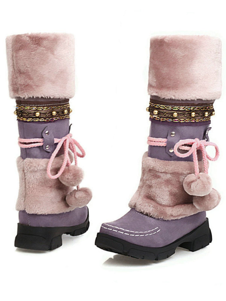 Vintage Kunstpelz Bommel Winter Schnee Stiefel