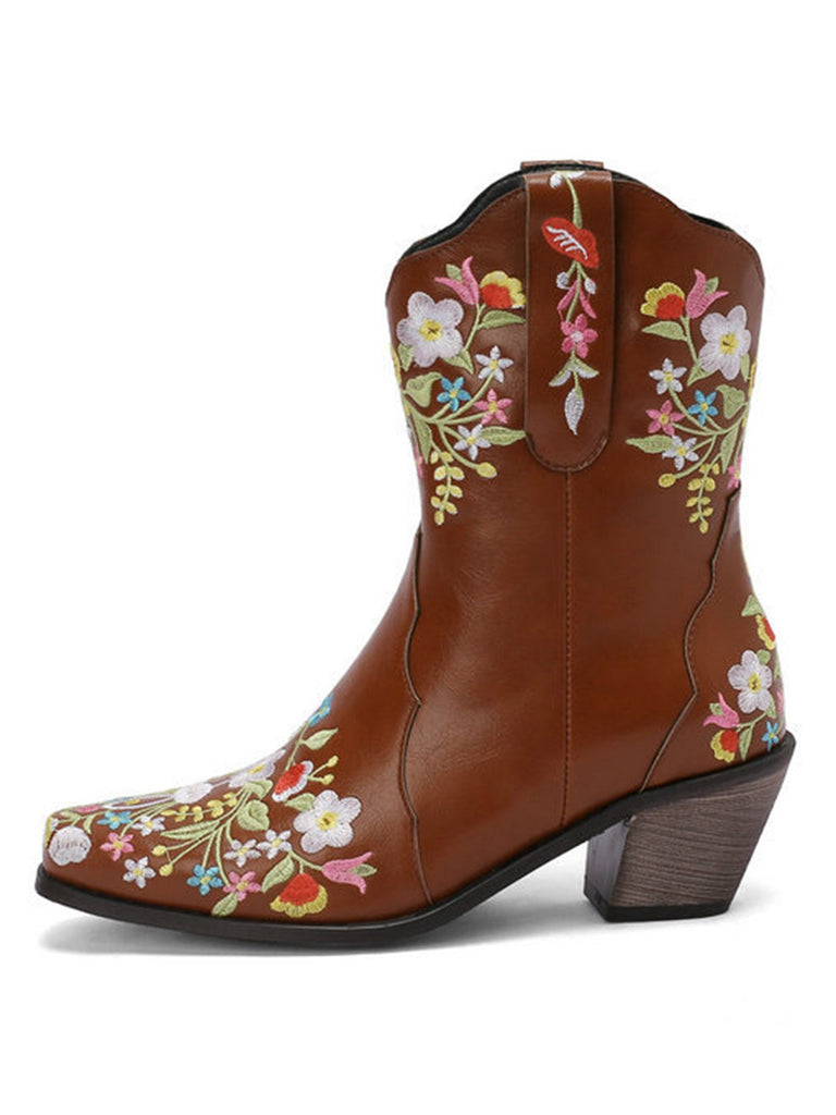 Vintage Spitze Besticktes Blumen Blockabsatz Stiefel