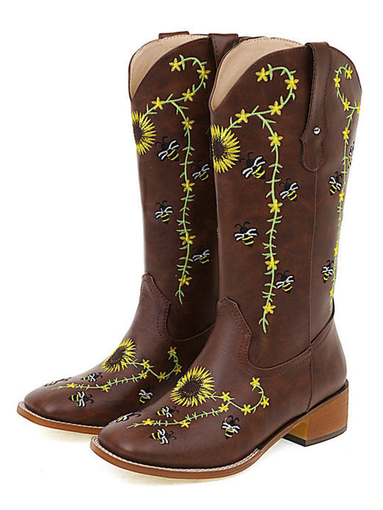 Braun Sonnenblume Besticktes Western Cowgirl Wadenstiefel