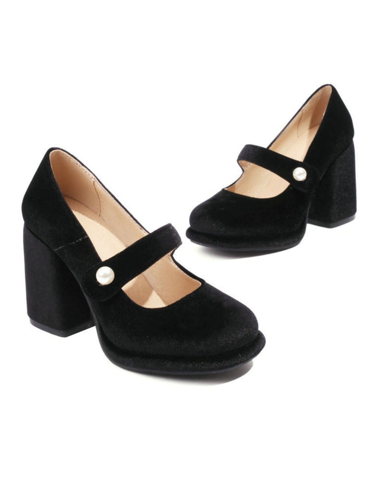 Mary Jane Samt Perlenknopf Blockabsatz Schuhe