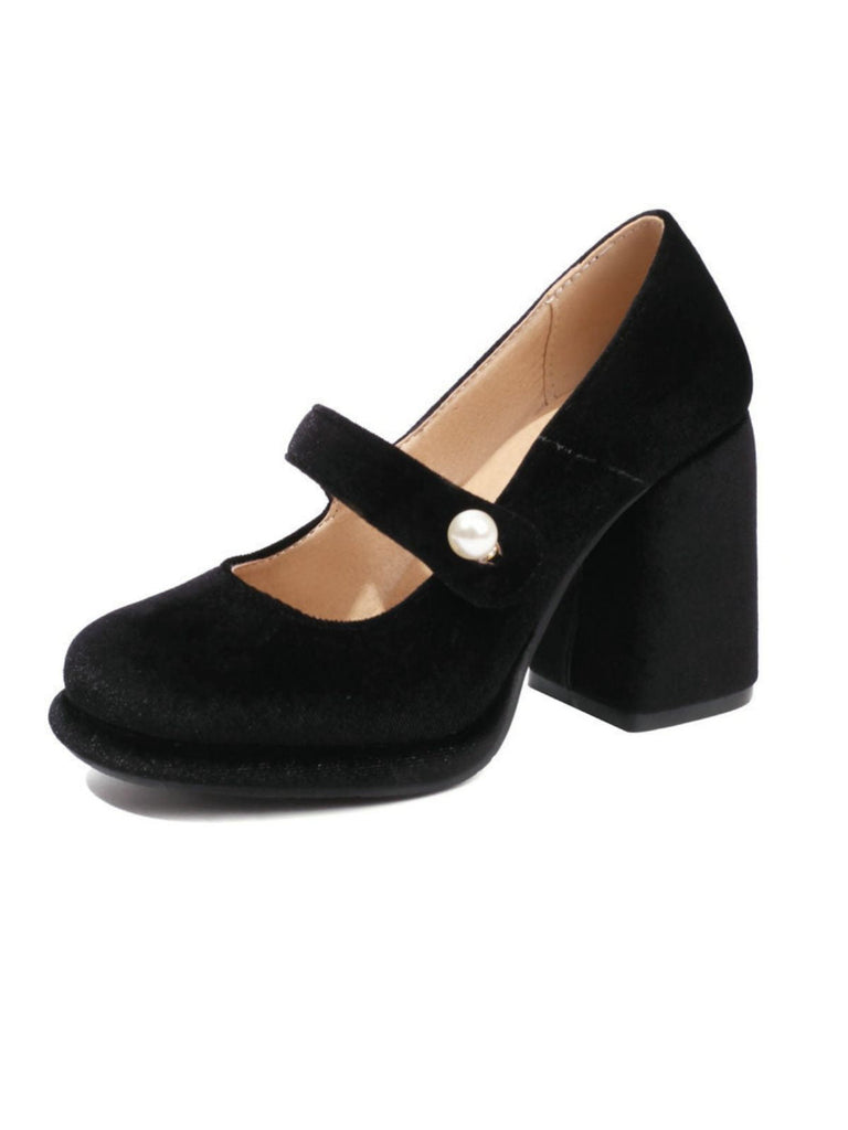 Mary Jane Samt Perlenknopf Blockabsatz Schuhe