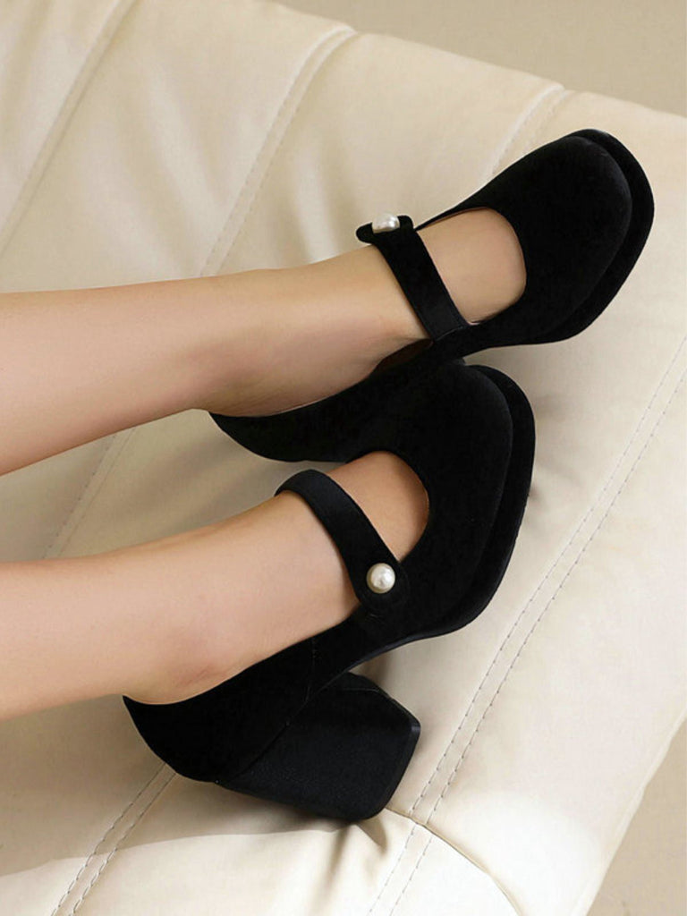 Mary Jane Samt Perlenknopf Blockabsatz Schuhe
