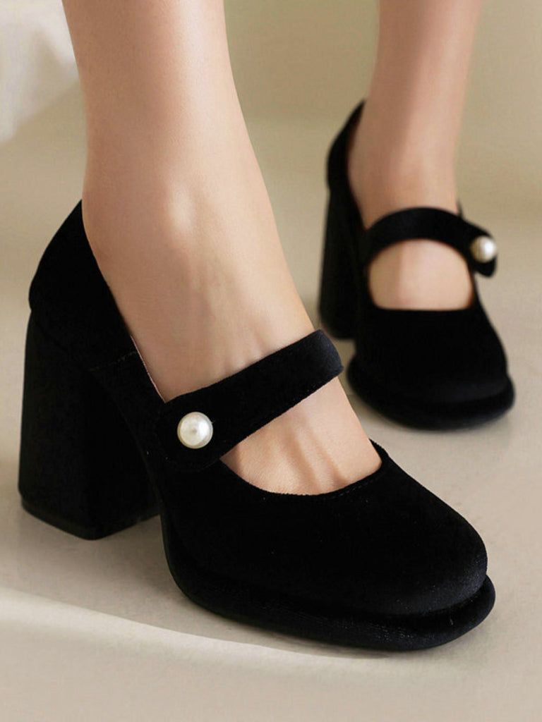 Mary Jane Samt Perlenknopf Blockabsatz Schuhe