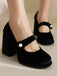 Mary Jane Samt Perlenknopf Blockabsatz Schuhe