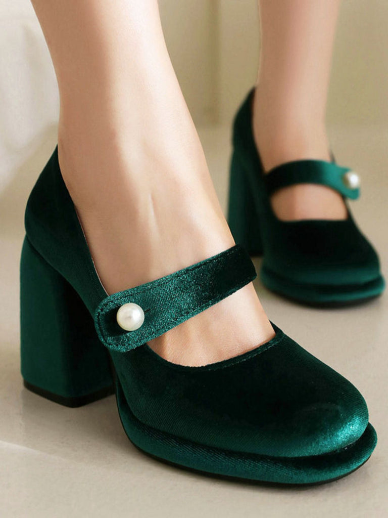 Mary Jane Samt Perlenknopf Blockabsatz Schuhe