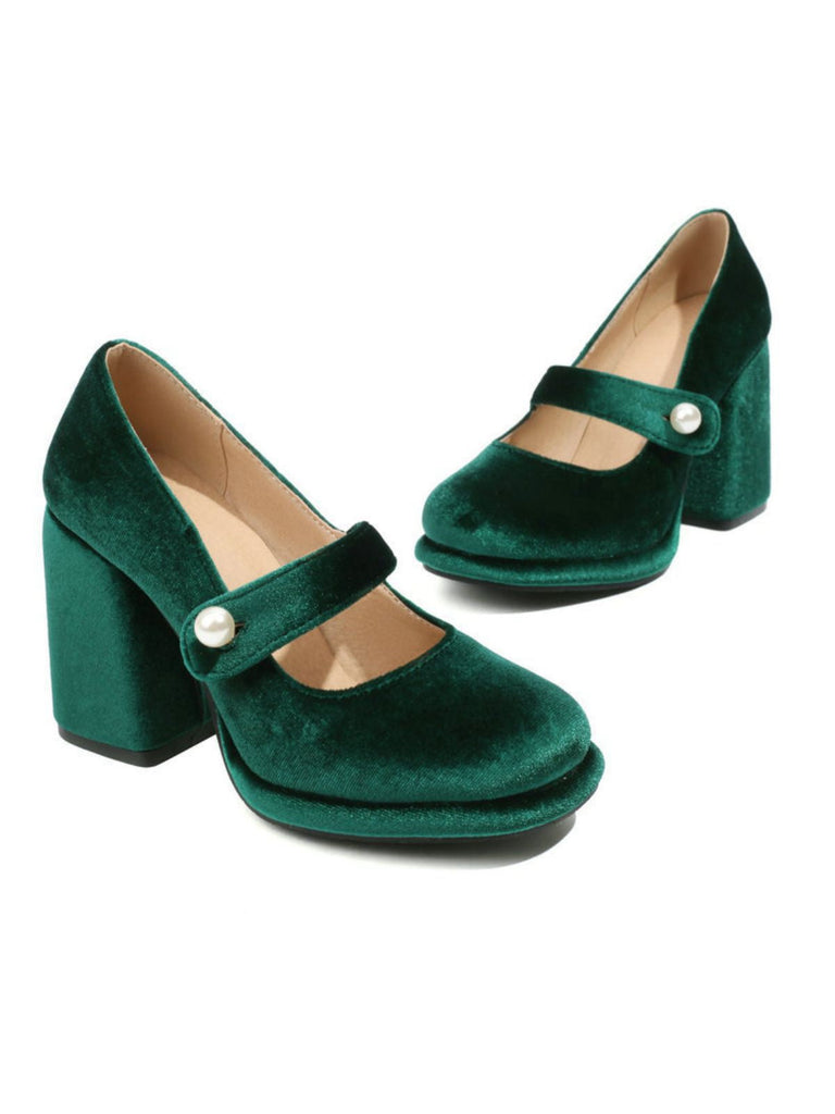 Mary Jane Samt Perlenknopf Blockabsatz Schuhe