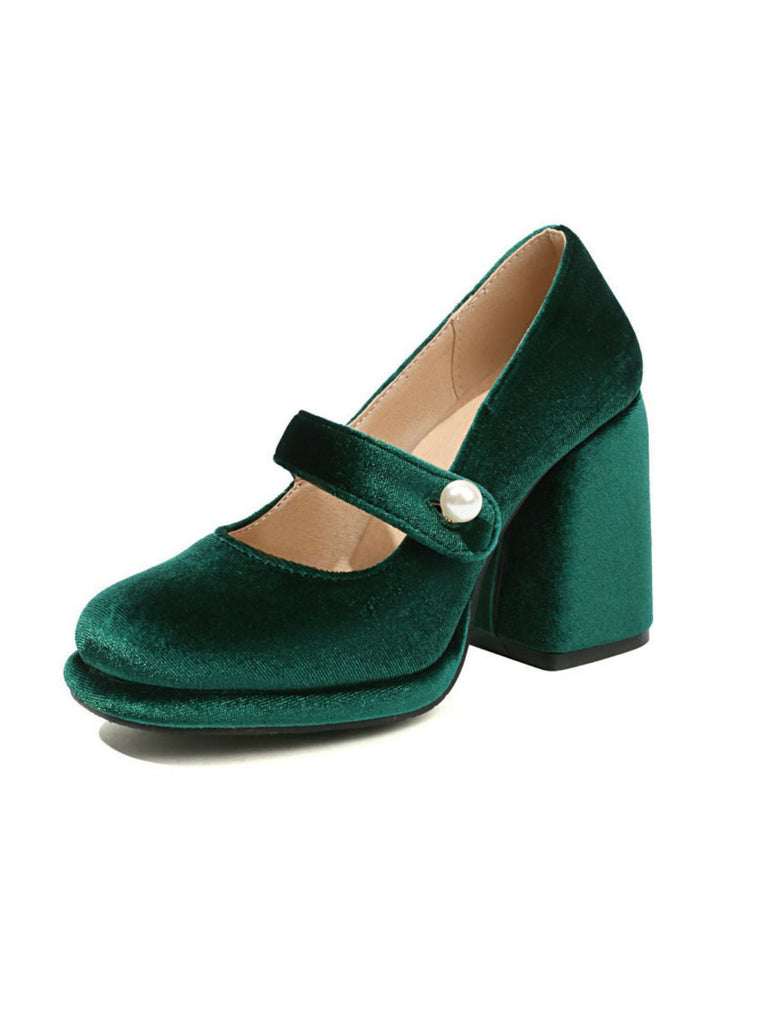 Mary Jane Samt Perlenknopf Blockabsatz Schuhe