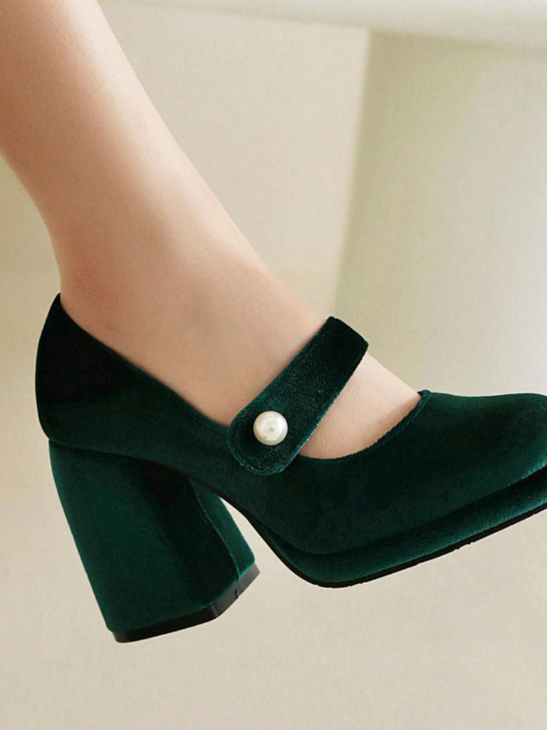 Mary Jane Samt Perlenknopf Blockabsatz Schuhe