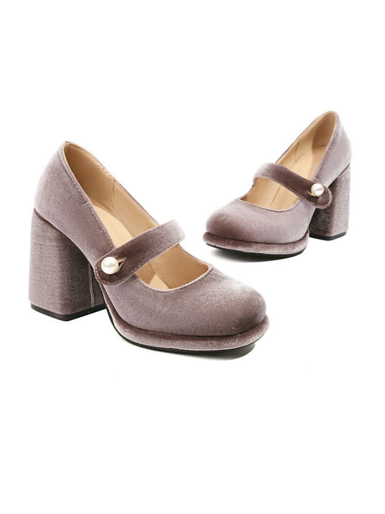 Mary Jane Samt Perlenknopf Blockabsatz Schuhe