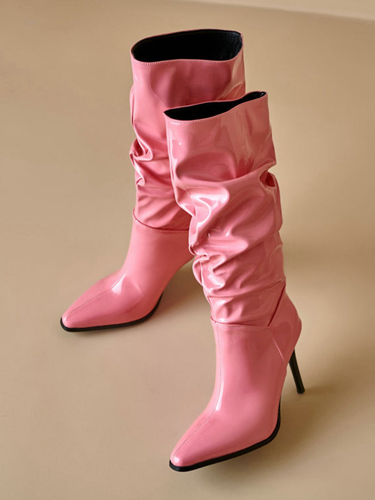 Vintage Solide Lack Leder Wadenhoch Hohe Stiefel
