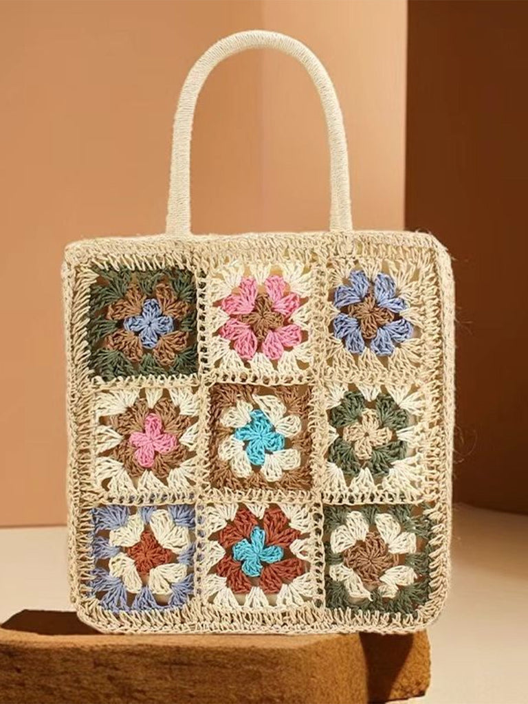 Cremeweiße Bohemian Tasche mit Patchwork, Häkelarbeit und Color