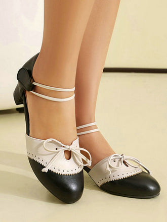 Zweifarbige Schleife Mary Jane Pumps mit Blockabsatz