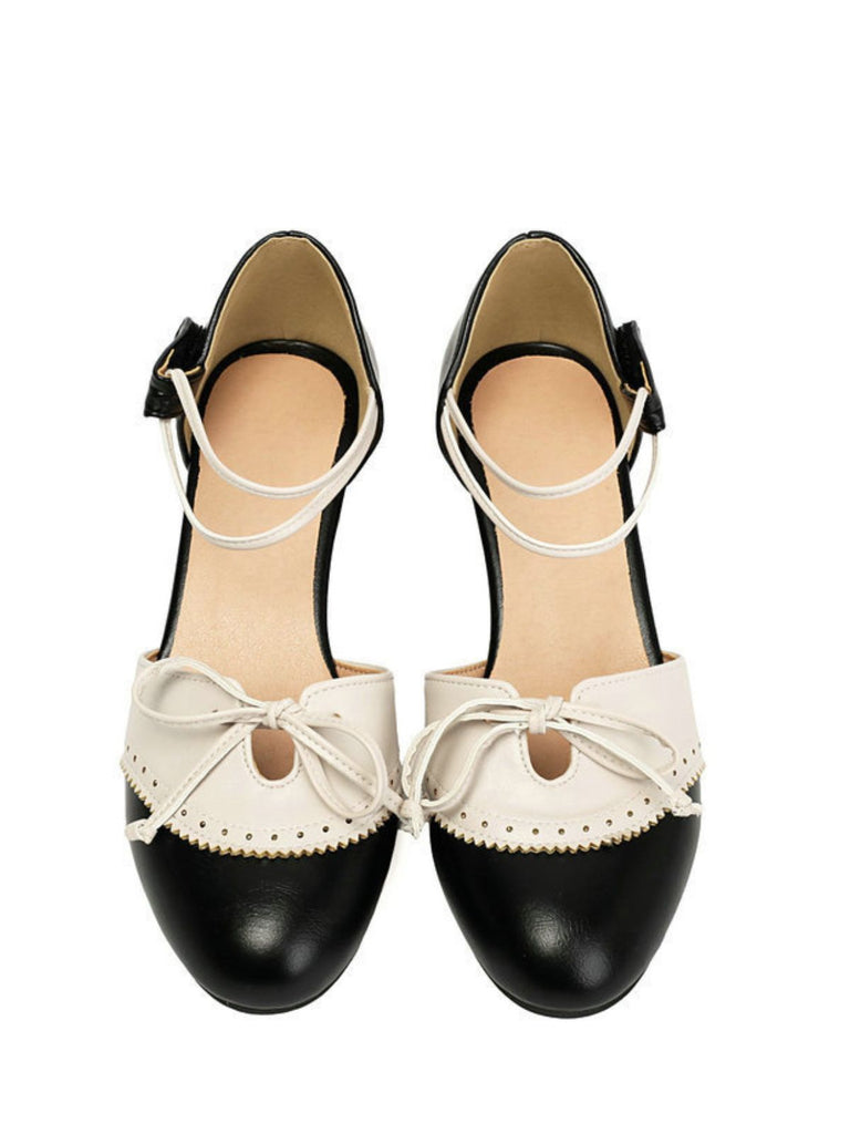 Zweifarbige Schleife Mary Jane Pumps mit Blockabsatz