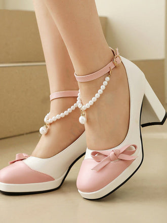 Farbblock-Schuhe mit Perlen und Schleife