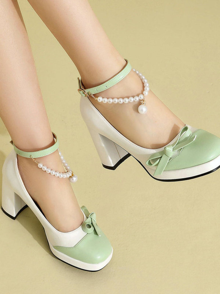Farbblock-Schuhe mit Perlen und Schleife