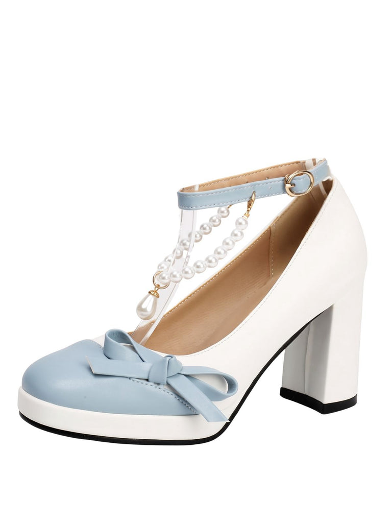 Farbblock-Schuhe mit Perlen und Schleife