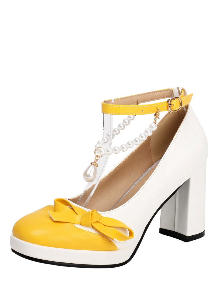 Farbblock-Schuhe mit Perlen und Schleife
