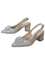Silberne Slingback-Pumps mit Blockabsatz und Strass-Perlen