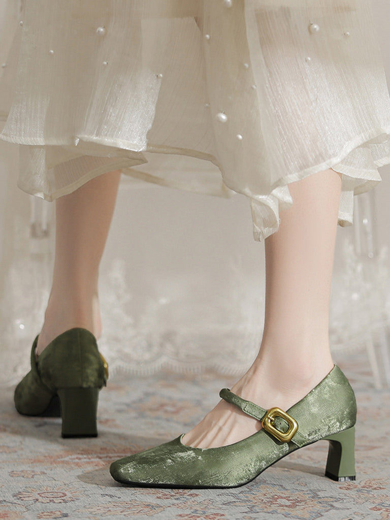 Grüne Mary-Jane-Schuhe mit Samt und Schnalle